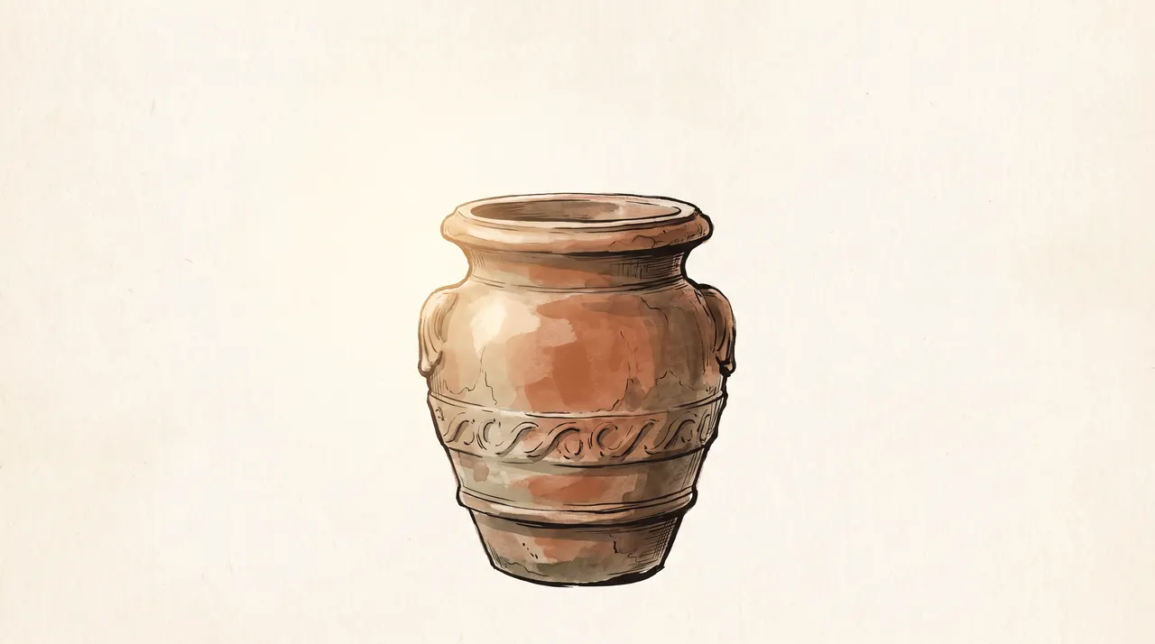 An illustrated terracotta garden urn with slender moss-green stems, rendered in warm ink-wash and gouache.